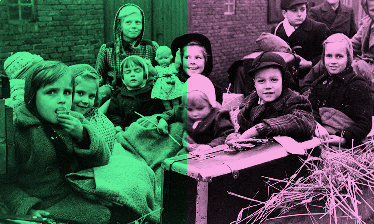 A photo of refugee children from 1946 edited with color overlays