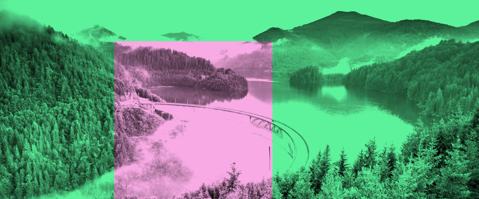 A photo of a reservoir in Romania processed with color overlays