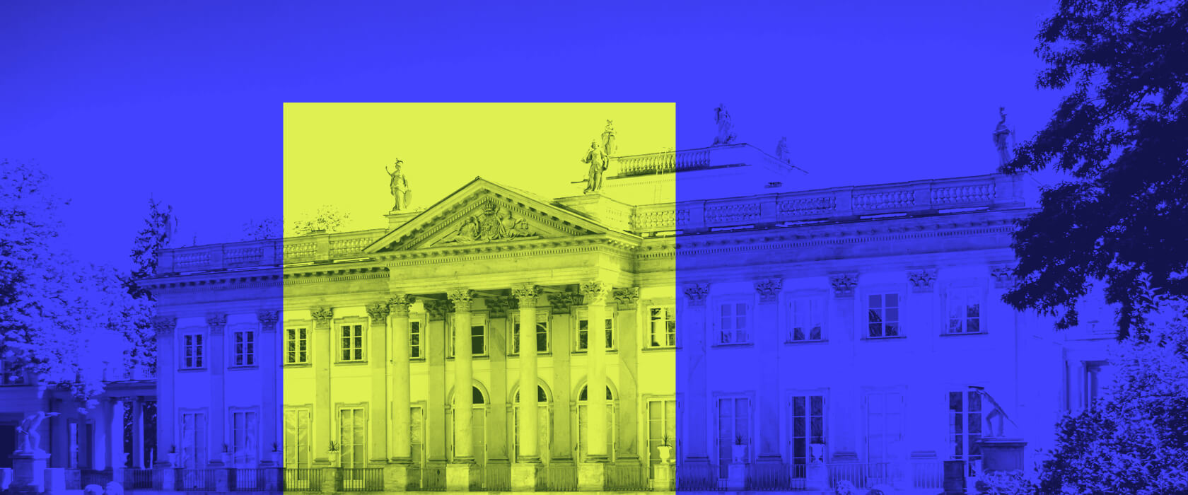 A photo of the Łazienki Palace in Warsaw processed with color overlays.